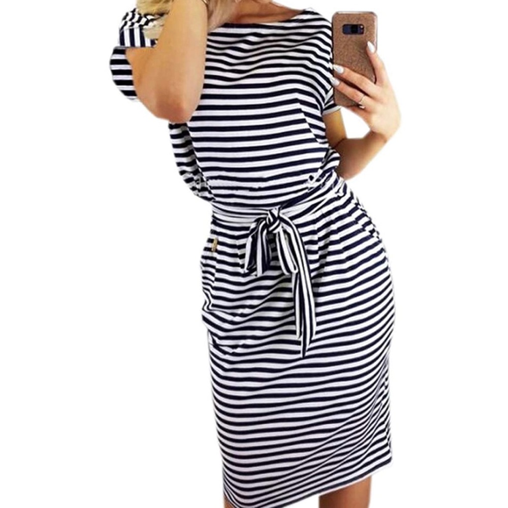 Women's Striped Short Sleeve Pencil Dress w Belt